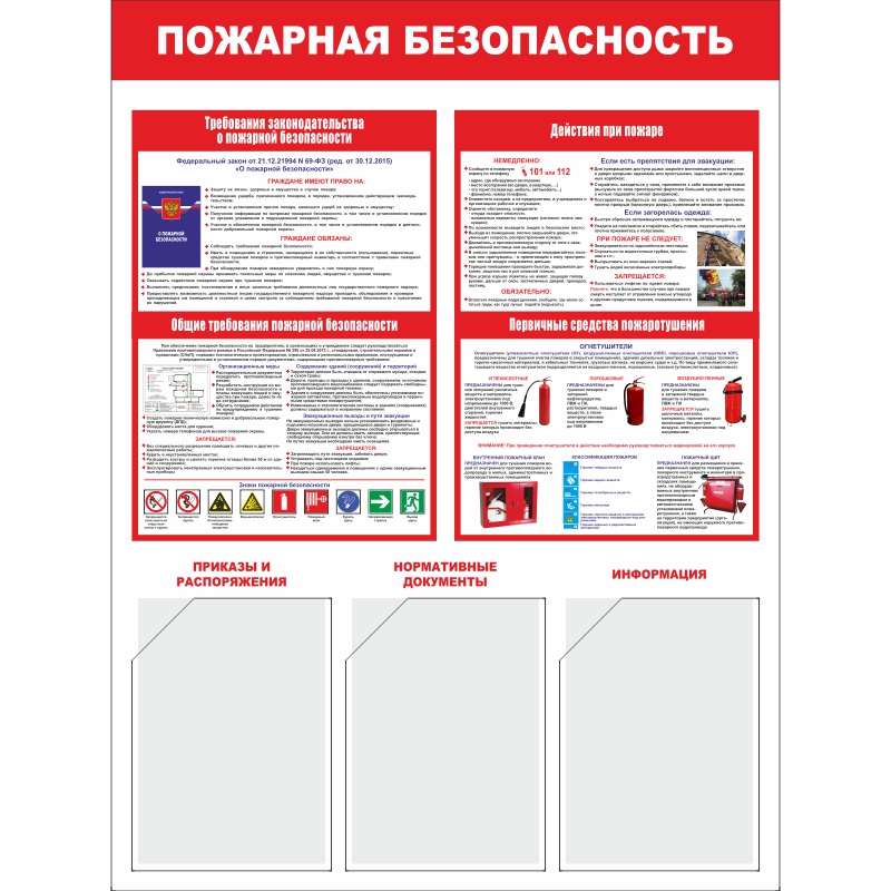Стенд «Пожарная безопасность» (750x1000 мм) с 3-мя карманами